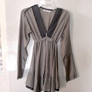 Vintage Y2K Johnny Was Silk Top Tunic Kimono Style Crochet Boho Neck Size XS